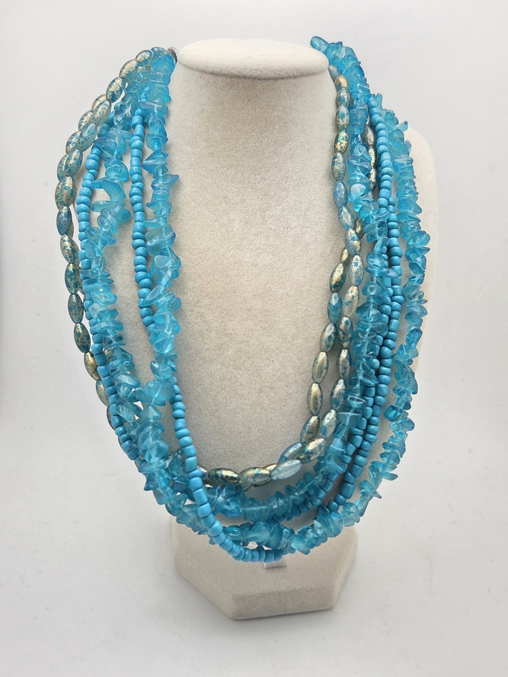 Boho Multi-Strand Blue Glass, Resin, And  Stone Statement Necklace 21"